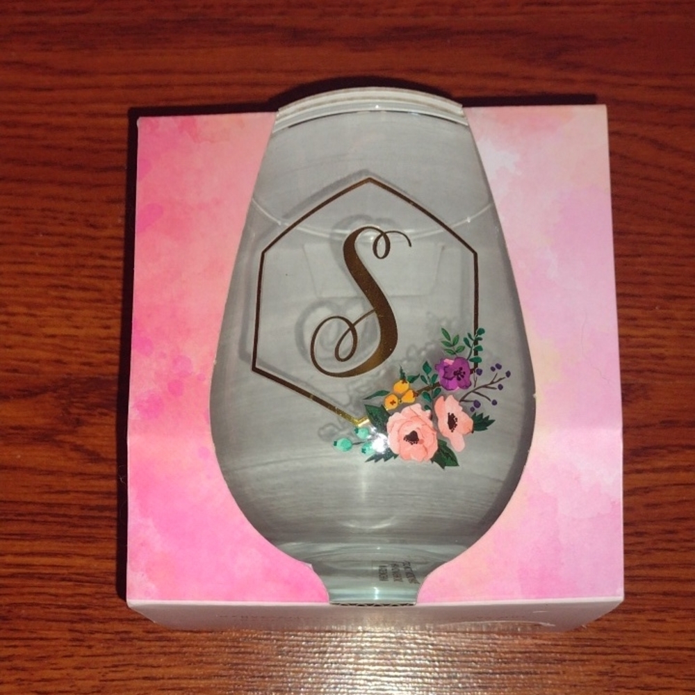 2/$20 Monogrammed Stemless Wine Glass with Gold and Floral Design